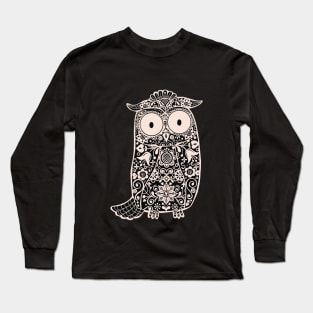 Black and White Folk Art Owl on Green Long Sleeve T-Shirt